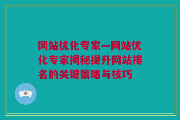 网站优化专家—网站优化专家揭秘提升网站排名的关键策略与技巧